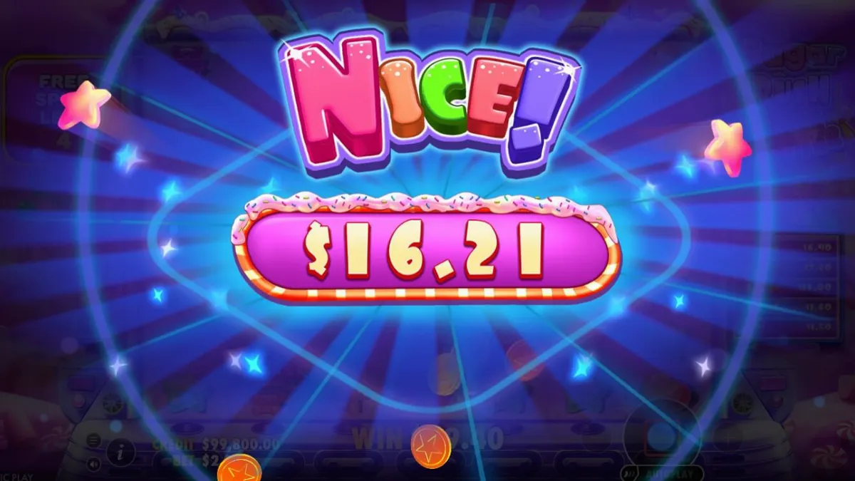 Tampilan visual grid 7x7 pada slot Sugar Rush Super Scatter dengan tema permen yang cerah.