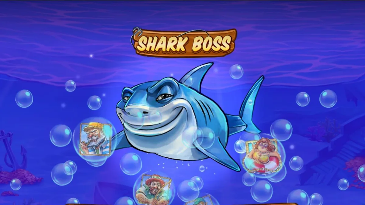 Tampilan visual slot Shark Boss dengan hiu di atas perahu